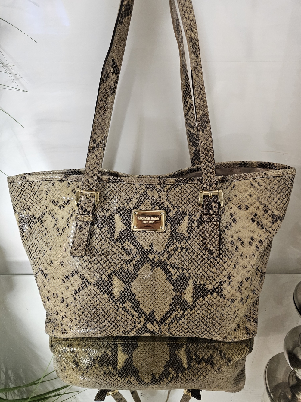 Michael Kors Lenox Python  Embossed Leather Beige  Shoulder Tote